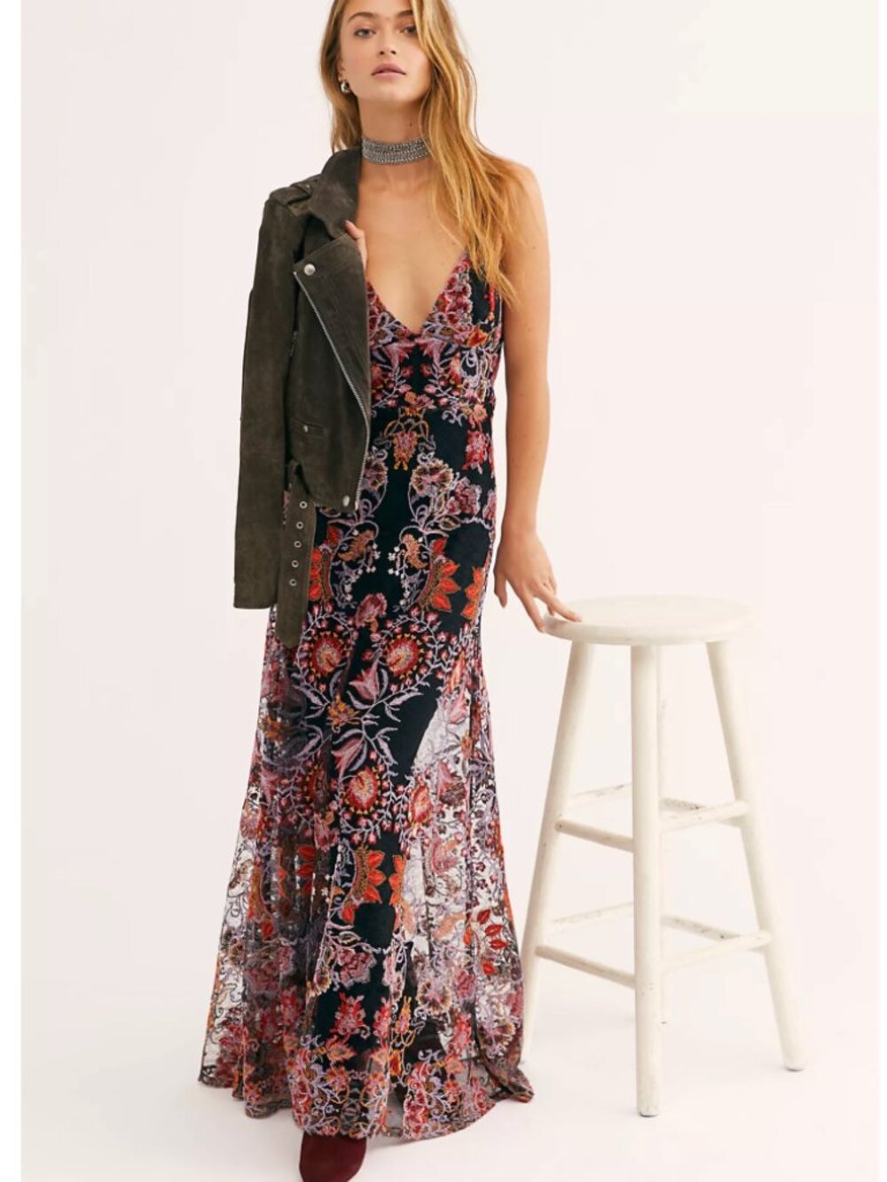 Free People Rising Sun Embroidered Floral Maxi Dress Black Boho Size 6